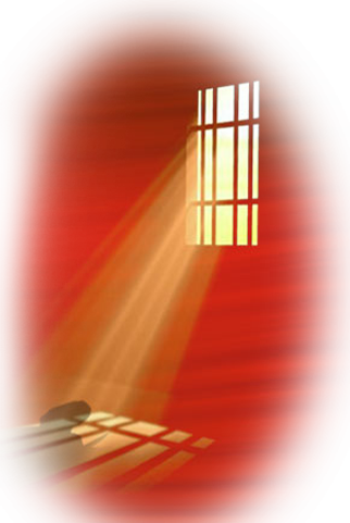 Image of window depecting prision and a shadow of man behind the prision